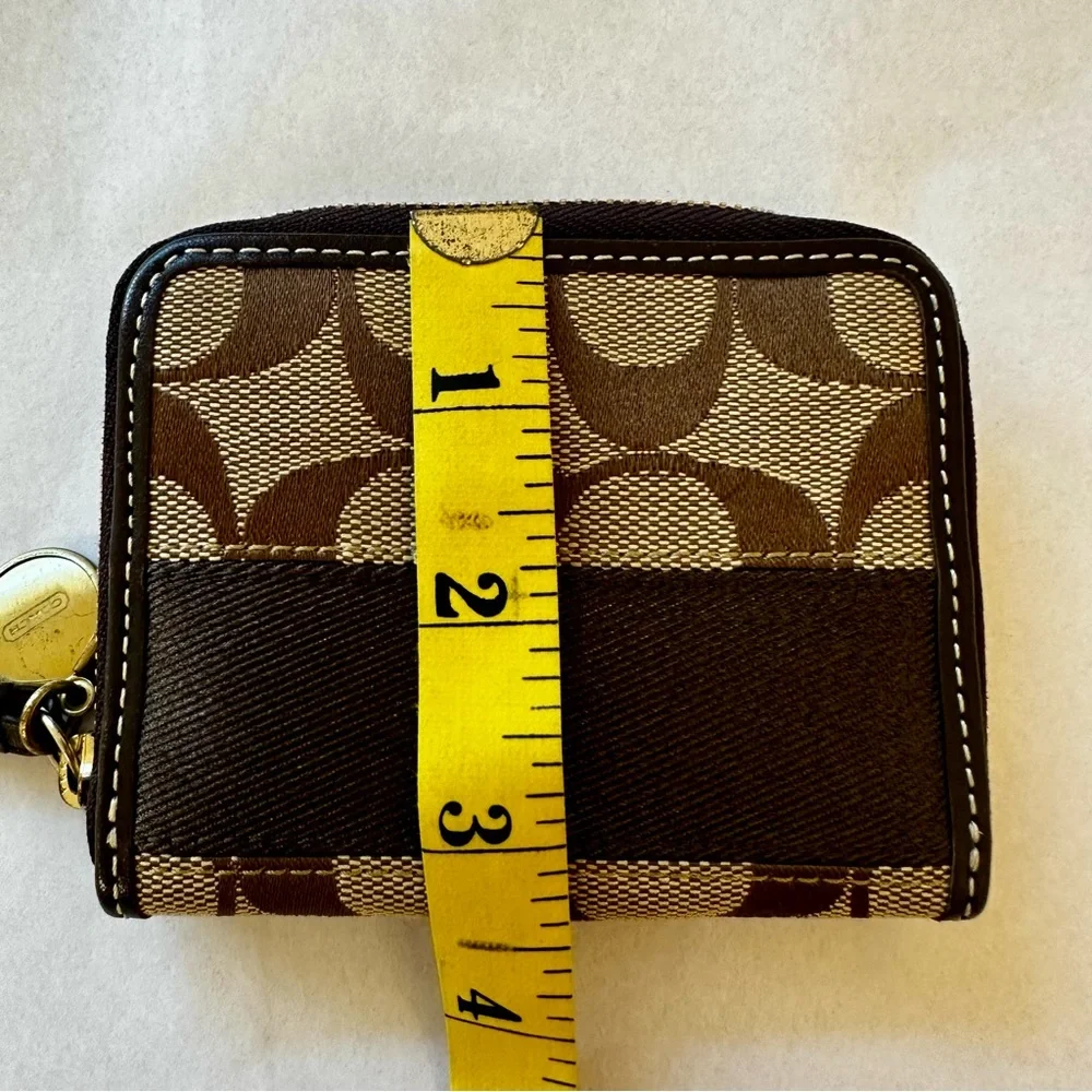 Coach Signature Stripe Zip Coin Wallet Card Case Brown Khaki Canvas Gold Charm